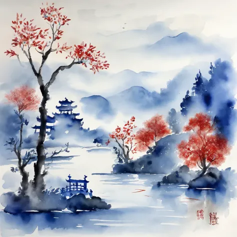 Chinese Garden，Lacquer painting elements，Minimalist elements，the watercolor style，Blue and white porcelain