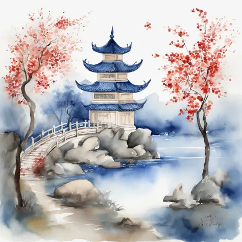 Chinese Garden，Lacquer painting elements，Minimalist elements，the watercolor style，Blue and white porcelain