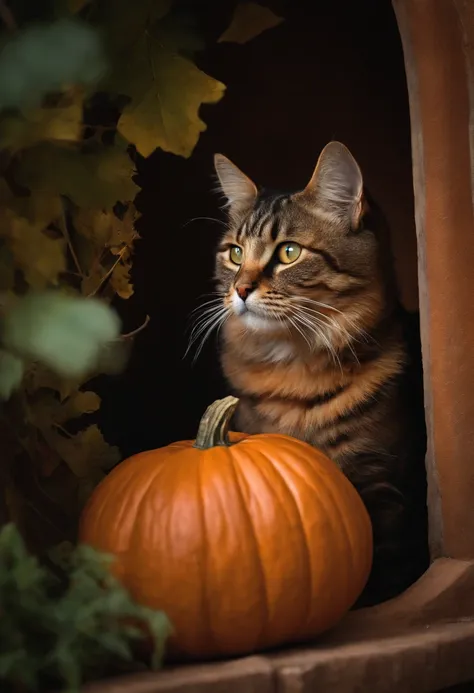 In a photo of a realistic cat mysteriously peeking out from inside a carved pumpkin、beard is twitching.