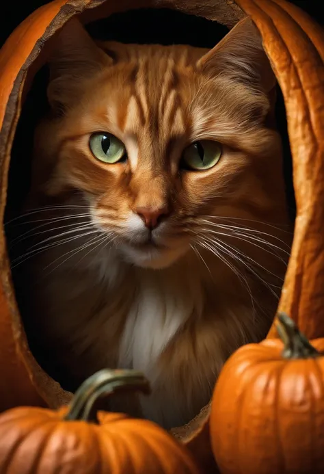 In a photo of a realistic cat mysteriously peeking out from inside a carved pumpkin、beard is twitching.