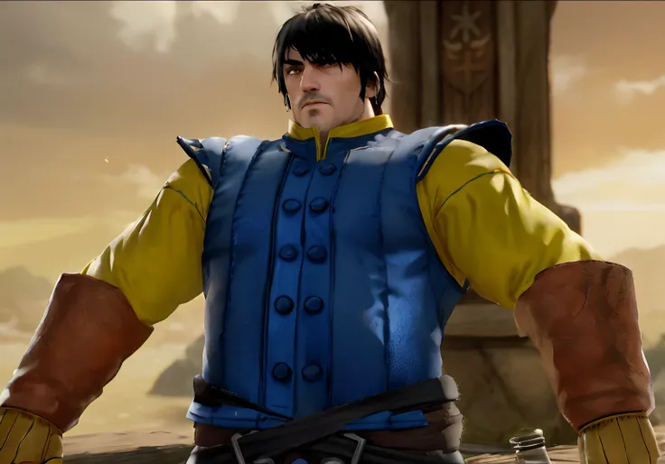 A closeup of a dwarf in a blue and yellow outfit, como personagem em tekken, personagem de jogo de luta, Detalhes do caractere 8K, inspirado por Dai Jin, handsome prince of persia, Alma Calibur, Personagem de King of Fighters, 8 k uhd detalhes do caractere...