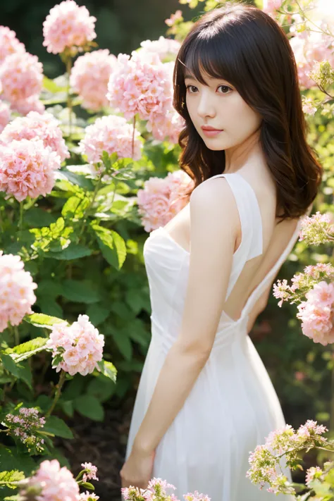 (Photorealsitic:1.1)、42-year-old woman、fullnude、lensflare、natural soft light、back lighting、A dark-haired、Buried in blooming flowers