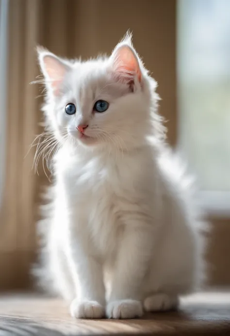 Photo of a curious white kitten with a mischievous glint in its eyes, sitting inside a transparent glass bowl. The rooms ambient light highlights its fluffy fur and the unique pattern of its tail curled around its body.