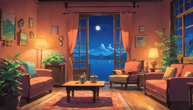 nighttime scene，Living room at home