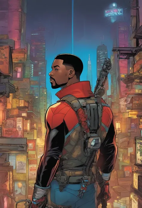 Marvel Comic Panel, a close up of a person with dreadlocks and (( wearing a cyberpunk costume )), Miles Morales, Spider-Man poses, Miles Morales, Spider Man poses, dark-skinned, Nerdy Black Boy Super Cyberpunk Hero, spiky black hair and dark skin, Chris Ba...