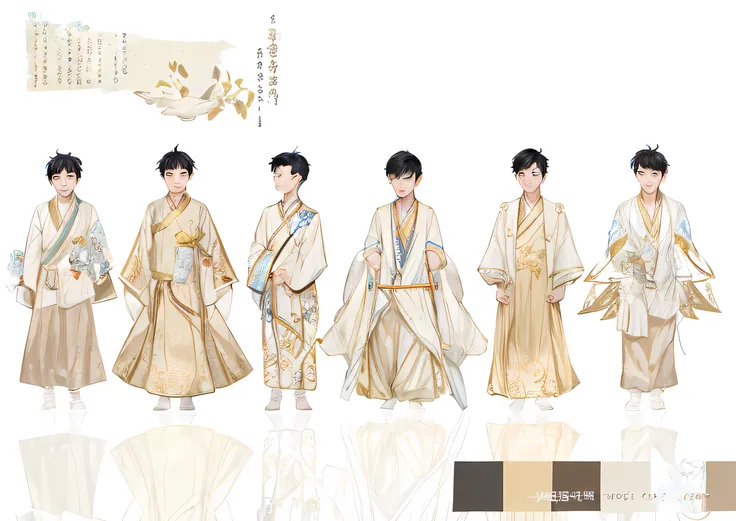 Close-up of a group of people dressed in traditional clothing, Traditional Chinese clothing, clothing design, Wearing ancient Chinese clothes, Robe with blue characters, Inspired by Zhang Han, Blue Hanfu, concept art of single boy, inspired by Huang Gongwa...