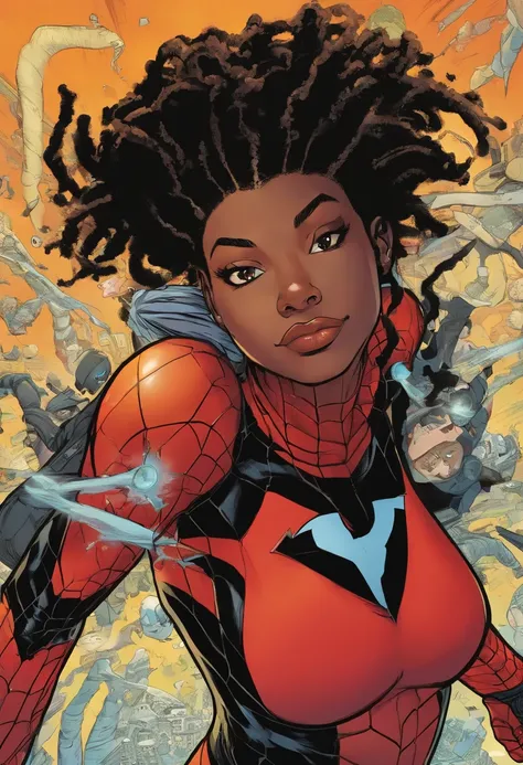 um close up de uma pessoa com dreadlocks e uma fantasia cyberpunk, Miles Morales, ( ( Mulher-Aranha ) ), Miles Morales!!!, Mulher Aranha, de pele escura, nerdy black girl super hero, cabelo preto espetado e pele escura, Chris Bachalo, foto de perfil, Diret...