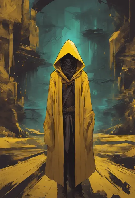 Visual novel, person in a hood, fantasy, dnd, lovecraftian, yellow hood,