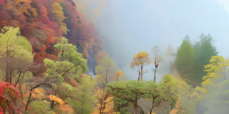 The tree has orange and green leaves，There are trains on the tracks, Mist, Scenic Colorful Environment, mist in valley, mist from waterfall, in fall, On a misty forest, author：Xie Shichen, amazing color photograph, (Mist), autum, sichuan, In the autumn for...