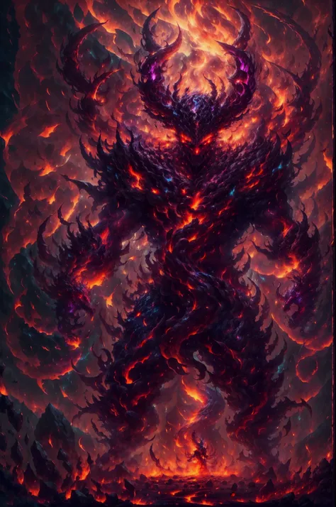 A humanoid devil, fierce face, fire demon, big burning demon wings, big horn, sharp thorn runs through body, full body, hellish demon, burning background, burning demon aura, devilish energy cracking, third eyes, glowing eyes, corrupted energy, fire spear,...