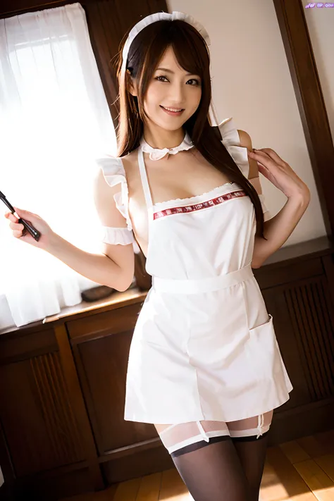 (8k), (best quality), (masterpiece:1.2), (realistic), (photorealistic:1.37), ultra-detailed, a woman in a thin brown colored uniform with white small apron posing for a picture, a picture by Ayami Kojima, Japanese maid cafe, gorgeous maid, wearing maid uni...