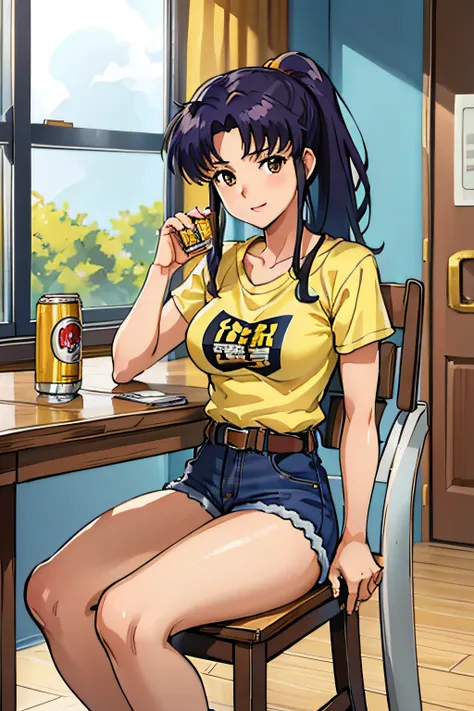 (masterpiece),(best quality), katsuragi misato, brown eyes, ponytail, yellow t-shirt, denim shorts, belt, table, chair, sitting,...