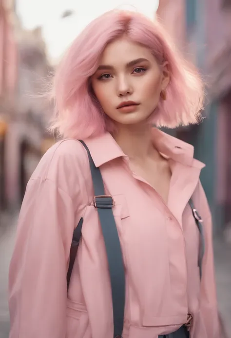 Pastel pink colored hair、Hair length is a bob cut、Illustration of a girl wearing a street outfit、Overall colors use pastel colors only、Girls are two-dimensional and not three-dimensional