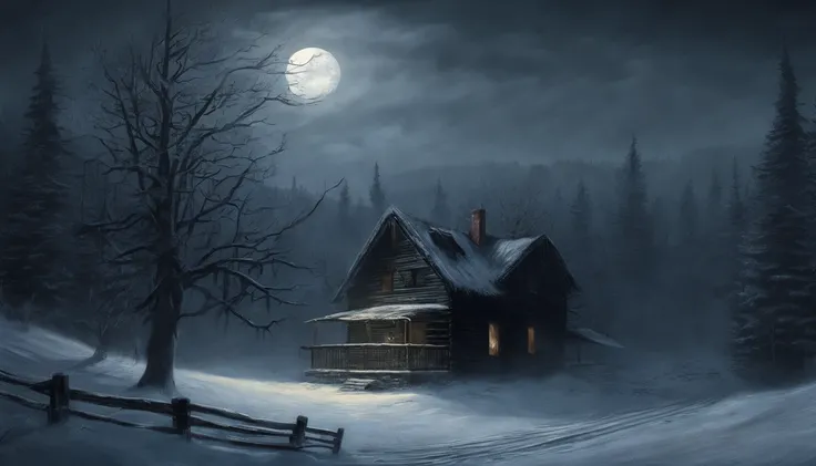 Snowy night view with cabin and full moon, winter night, Winter Scene Fantasy, inspired by Evgeny Lushpin, winter atmosphere, Inspired by Ivan Kramskoy, moonlight snowing, Winter painting, snowy night, Inspired by Terry Redlin, Australian Winter Nights, Tw...