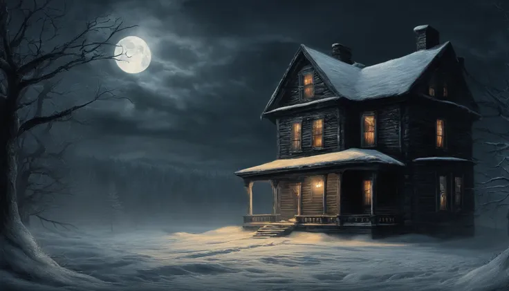 Snowy night view with cabin and full moon, winter night, Winter Scene Fantasy, inspired by Evgeny Lushpin, winter atmosphere, Inspired by Ivan Kramskoy, moonlight snowing, Winter painting, snowy night, Inspired by Terry Redlin, Australian Winter Nights, Tw...