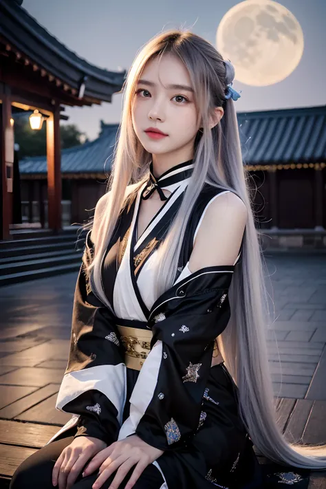 Works of masters，超高分辨率，8K分辨率，depth of fields，s the perfect face，Girl，solo person，ssmile，long whitr hair，Colored hair，Bracelet，Collar，ear studs，choker necklace，Hanfu，Facing the viewer，sit astride，Support with your arms，moon full，Temple，New Year，Contour ligh...