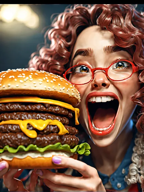 (Close-up of big mouth girl eating Big Mac hamburger), (Open your red mouth), (No broken hands: 1.2), curlies, Deng Bo, Happy expression, Exaggerated expression,
deep dark background, High-quality photos, Delicate skin,, Studio photos, (Lots of smoke: 1.2)...