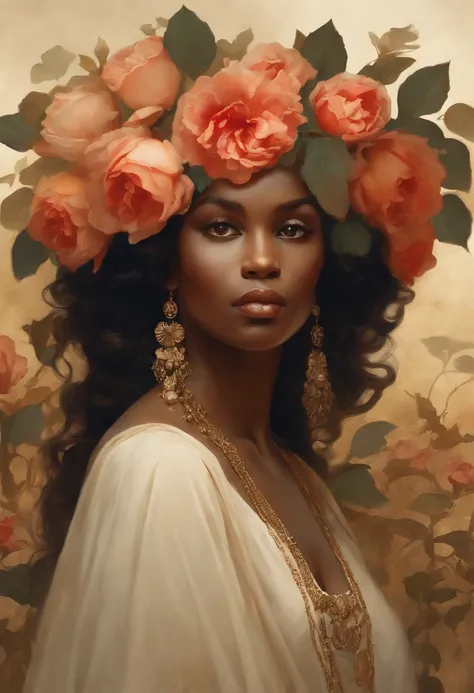 Uma pintura em aquarela super detalhada，Mulher com pele negra, pele afro, cabelos longos, Anthropomorphic female, figura feminina, arte detalhada da capa, Como uma deusa das rosas, No estilo de Alphonse Maria Mucha e Gustave Kilmut, Acentos Arte Nova, Alph...