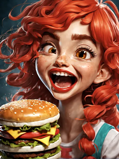 (Close-up of big mouth girl eating Big Mac burger), (Open your red mouth), (No broken hands: 1.2), golden curly hair, Happy expression, Exaggerated expression,
deep dark background, High-quality photos, Delicate skin,, Studio photos, (Lots of smoke: 1.2), ...