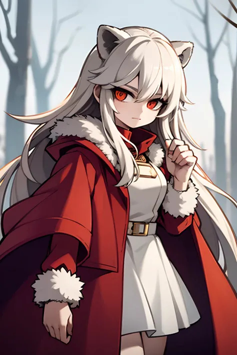 young girl, white hair, lion hair, wearing red coat, christmas coat, white fur, red hood, black skirt, in a snowly forest, 4k,