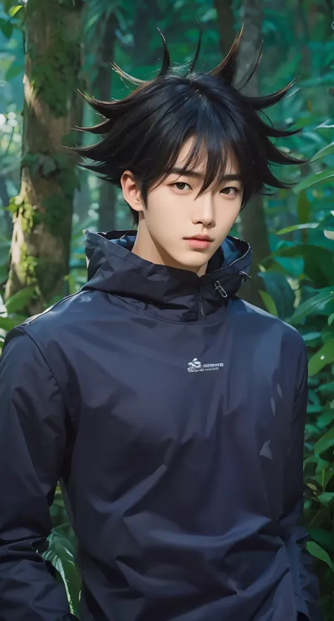 Real life adaption of this character, Korean teen handsome face,looking to viewer,realistic same hair ,realistic jungle with many grass background, hyper realistic, realistic light, realistic shadow, realism,(photorealistic:1.2), (realistic same outfit),