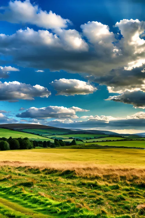 steppe landscape，blues sky and clouds,  green forest, Dingdall effect，a country road，Colorful hot air balloons，high quality desktop wallpaper, verdant forest, detailed fields nature, beautiful english countryside, Stunning landscape, Rolling hills, Landsca...