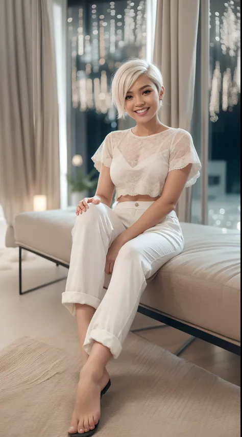 Malay girl, very short white hair, Sculpted curl Pixie cut hair, curly hair, Long loose pants and loose full sleeved tops, modest outfit, happy pose, front view, windy, detail skin, age spot, detail skin texture, mole below eyes, small breast, flat chest, ...