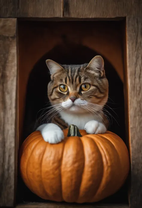 In a photo of a realistic cat Scottish Fold mysteriously peeking out from inside a carved pumpkin、beard is twitching.