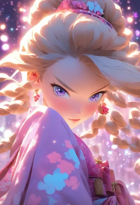 Girl with long dark blonde hair with front strands cut at her cheeks, blue eyes, purple background with light purple sparkles and pink spots of light, wearing a purple and pink hanbok with a tiny bit of blue