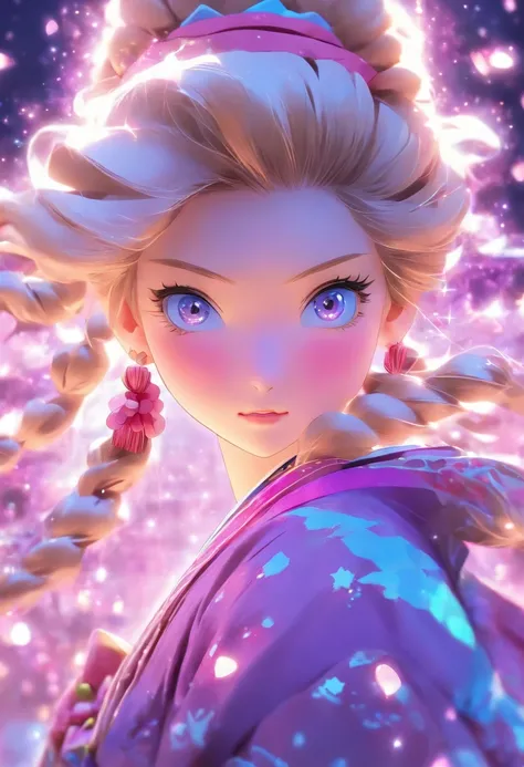 Girl with long dark blonde hair with front strands cut at her cheeks, blue eyes, purple background with light purple sparkles and pink spots of light, wearing a purple and pink hanbok with a tiny bit of blue