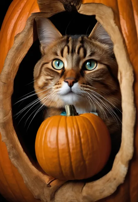 In a photo of a realistic cat with exotic short hair peeking out curiously from inside a carved pumpkin、beard is twitching.