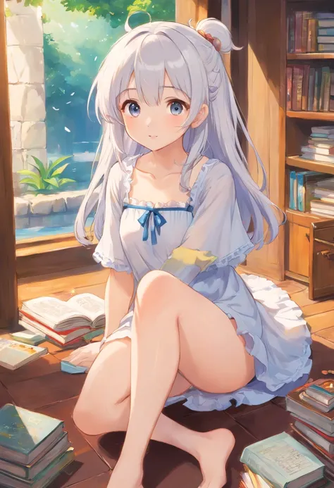 Cute loli，Barefoot，Tummy down，head looking up，Raise your feet，shift dresses，white panties，largeeyes，Anime cute face，looking at book，white hair, glass, Wet da