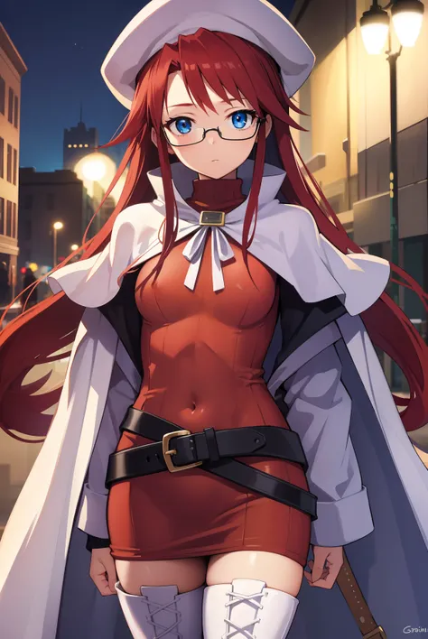 summonnightaty, aty, long hair, blue eyes, red hair, beret, hat, glasses,
BREAK long hair, thighhighs, hat, dress, boots, glasses, belt, cape, sweater, zettai ryouiki, beret, thigh boots, white footwear, ribbed sweater, loose belt,,
BREAK looking at viewer...