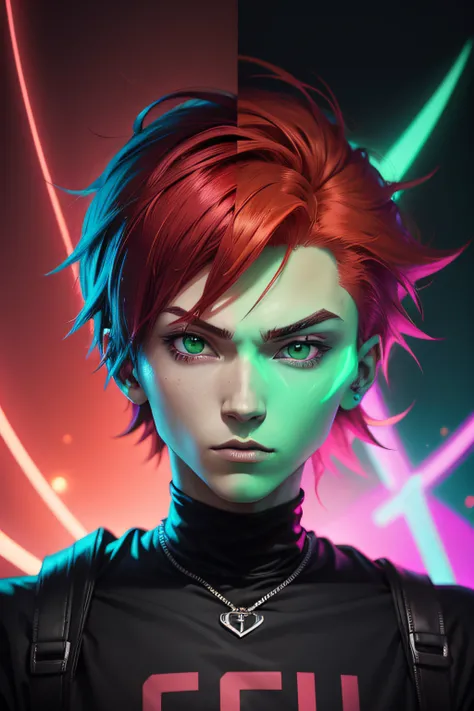 anime phonk devil red hair guy, short hair styled spotify cover with neon green colors