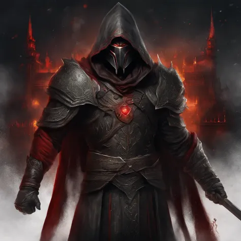 (ultra-detailed CG unit 8k wallpaper, Master parts, Best quality, depth of fields, hdr, 复杂), Tall, The sinister Dark Assassin wears a metal mask，Bright red eyes，Light and dark armor，Behind him，He wears a low-key red cloak。，Holding a sharp dagger in his arm...