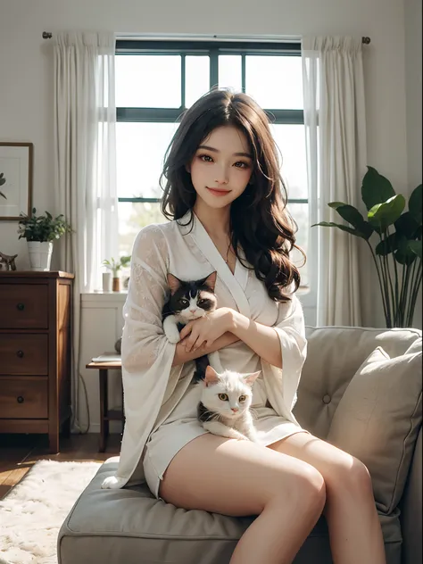 A girlfriend, Draped hair, loose home wear, Sitting on the living room sofa, The house is small fresh design style, (a plant:0.8), Fashionable, extreme detail, comfort and lovely welcoming smile, (hold a cat in her arms), glamour body, diffused soft mood l...