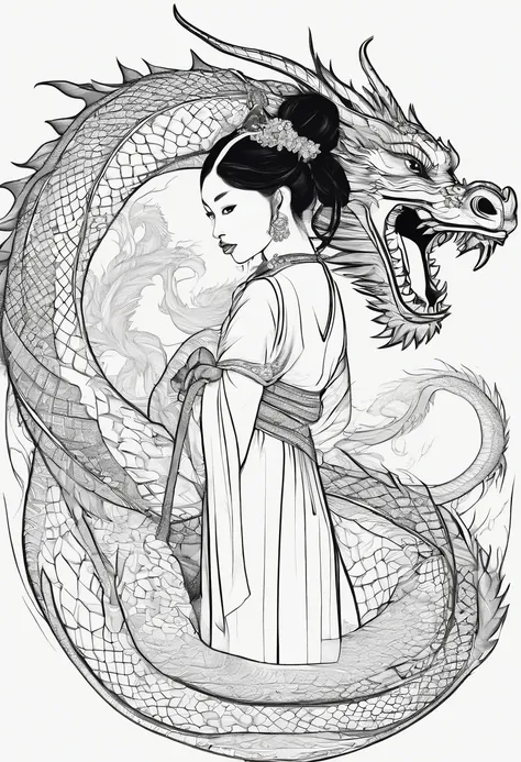 (masterpiece:1.2),1 girl,black hair bun,cold face,ponytail,(front),best quality,letterboxed,illustration,(An eighteen-year-old girl stood in front of the dragon with a sword:1.3),Panoramic view,Whole body,Expose thigh,(Elegant clothes:1.1),(Look from below...