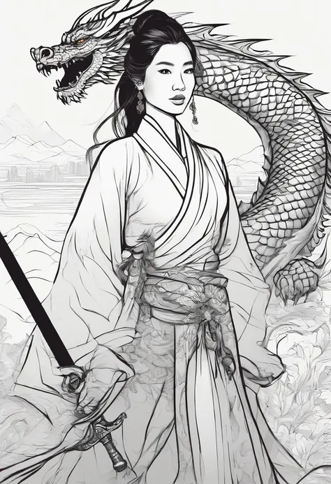 (masterpiece:1.2),1 girl,black hair bun,cold face,ponytail,(front),best quality,letterboxed,illustration,(An eighteen-year-old girl stood in front of the dragon with a sword:1.3),Panoramic view,Whole body,Expose thigh,(Elegant clothes:1.1),(Look from below...