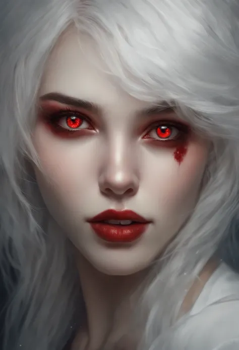 (best quality,ultra-detailed,realistic:1.37),a girl with white hair and red streaks,an expression of psychopathy,piercing red eyes with small pupils,veins popping on the face,illustration style,vivid colors,soft lighting