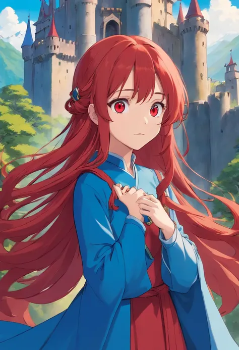 red color eyes，Red long-haired，magia，Castle fantasy，blue clothes, Ultra photo realsisim, Castle，hair adornments