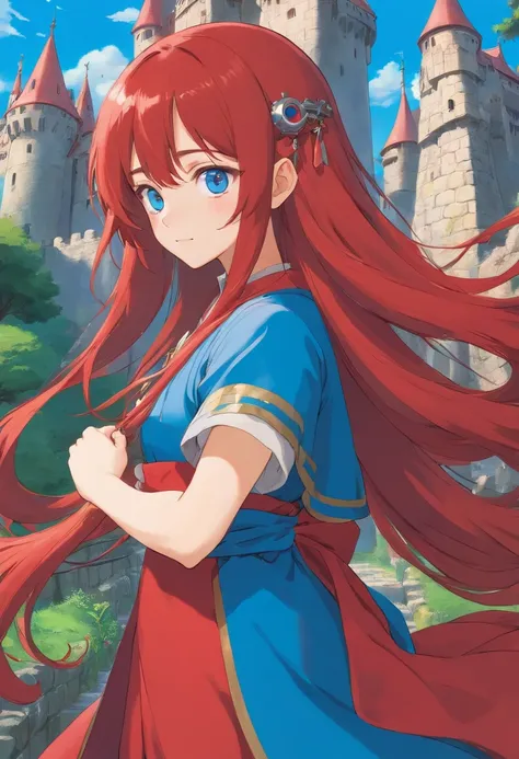 red color eyes，Red long-haired，magia，Castle fantasy，blue clothes, Ultra photo realsisim, Castle，hair adornments