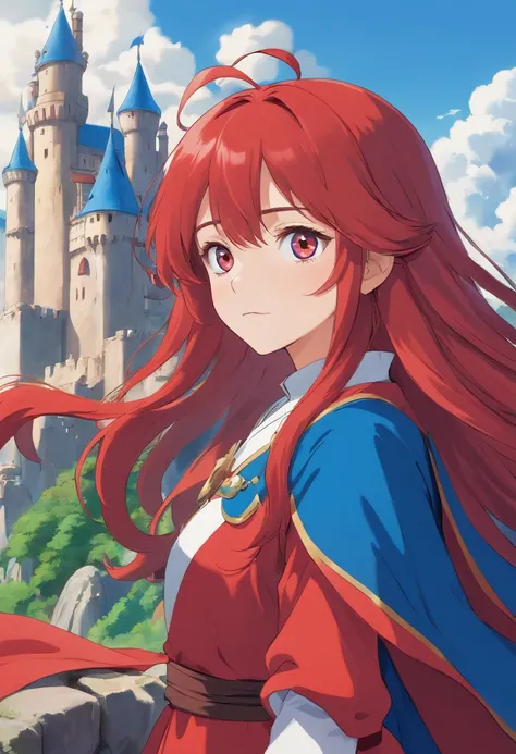 red color eyes，Red long-haired，magia，Castle fantasy，blue clothes, Ultra photo realsisim, Castle，hair adornments