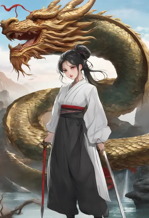 (masterpiece:1.2),1 girl,black hair bun,cold face,ponytail,(front),best quality,letterboxed,illustration,(An eighteen-year-old girl stood in front of the dragon with a sword:1.3),Panoramic view,Whole body,Expose thigh,(Elegant clothes:1.1),(Look from below...