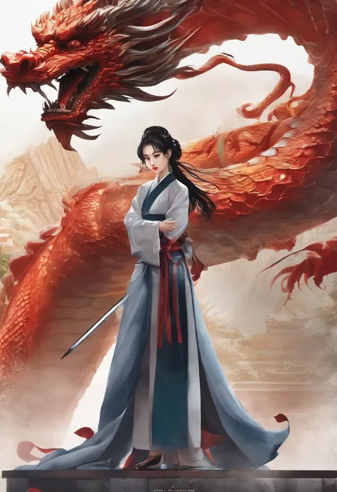 (masterpiece:1.2),1 girl,black hair bun,cold face,ponytail,(front),best quality,letterboxed,illustration,(An eighteen-year-old girl stood in front of the dragon with a sword:1.3),Panoramic view,Whole body,Expose thigh,(Elegant clothes:1.1),(Look from below...