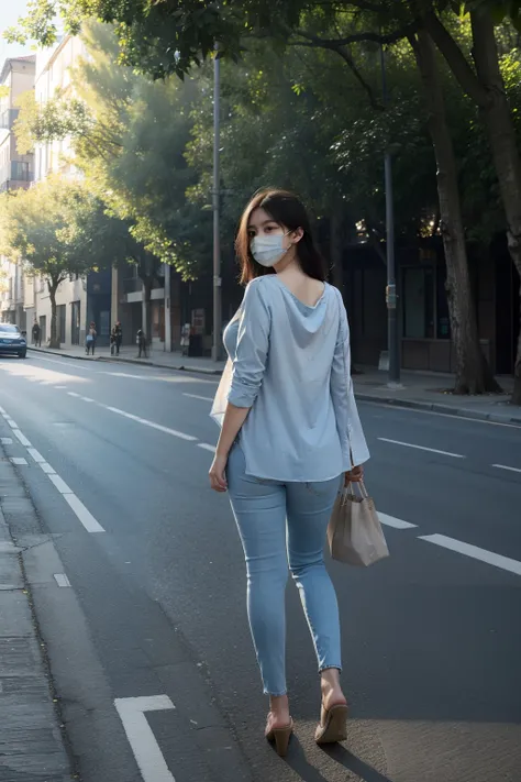 Wearing light blue skinny jeans，beige blouse，Plump buttocks，The back is charming，wearing face mask，The full-body photo fades away，plane trees，In the beautiful sun