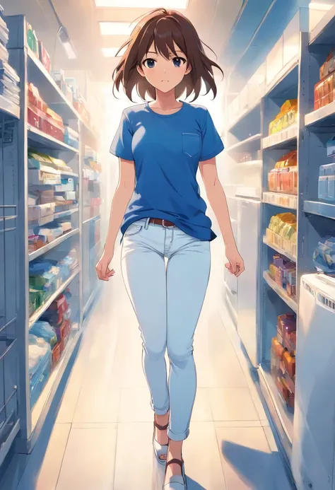 Anime girl farting, white jeans, blue t-shirt