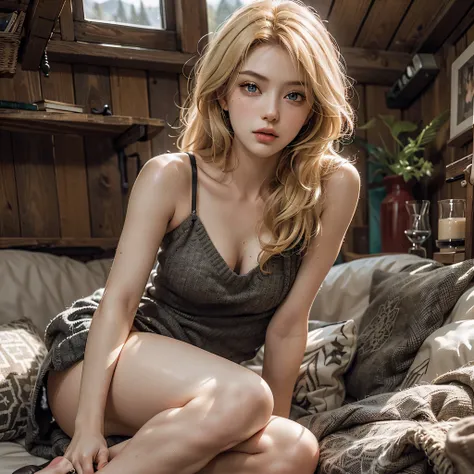 (((Russian blonde beauties))), (Very tall slender woman), (She is lying on a wide sofa in a mountain hut),  (She has big), (Realistic face), (((fullnude))), (nabel), ((Raw feet)), (Photorealsitic), (Ray tracing),  (Sharp Focus), 鎖骨, (Detailed face), natura...