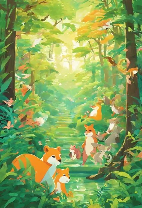 Play scene in the forest：The picture shows a lush forest，Tall trees and sunlight shine through the leaves，The animals are playing，Some are chasing and playing，Some are observing the monkeys performances。