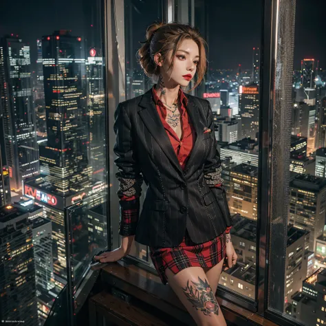 masutepiece, Raw photo，Photorealism，High resolution，Best Quality，High Definition, Perfect composition, Perfect face, Perfect body, 32K,Cinematic lighting，femele, Office Suits, skirt by the，Exposed，Body covered with tattoos, Red Lipstick,dishevled hair，No U...