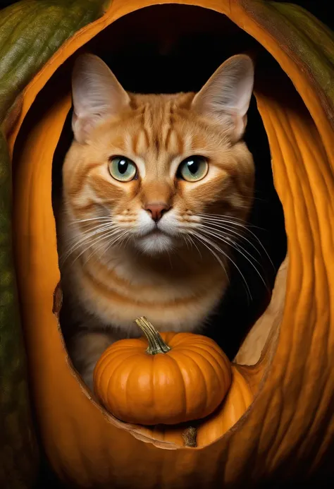 In a photo of an exotic short-haired realistic cat peeking out mysteriously from inside a carved pumpkin、beard is twitching.